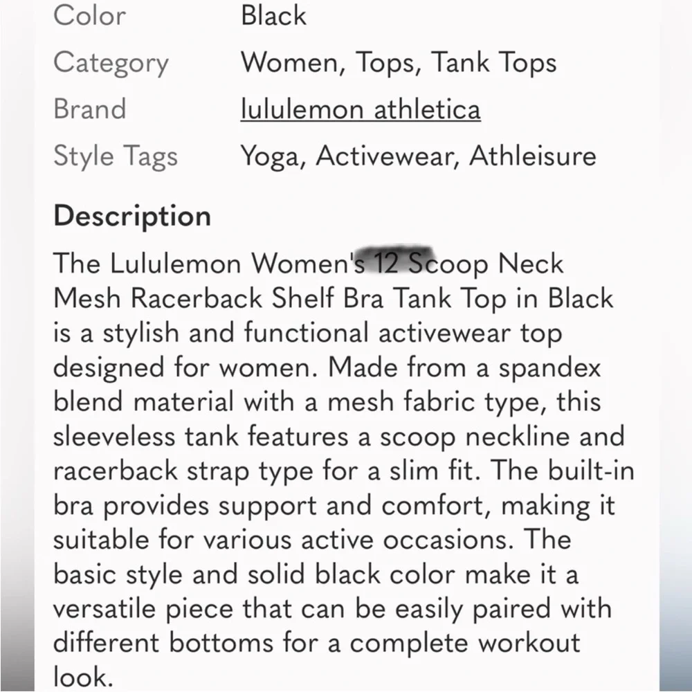 Lululemon Athletica Sz 6 Black Mesh Racerback Tank with Shelf Bra